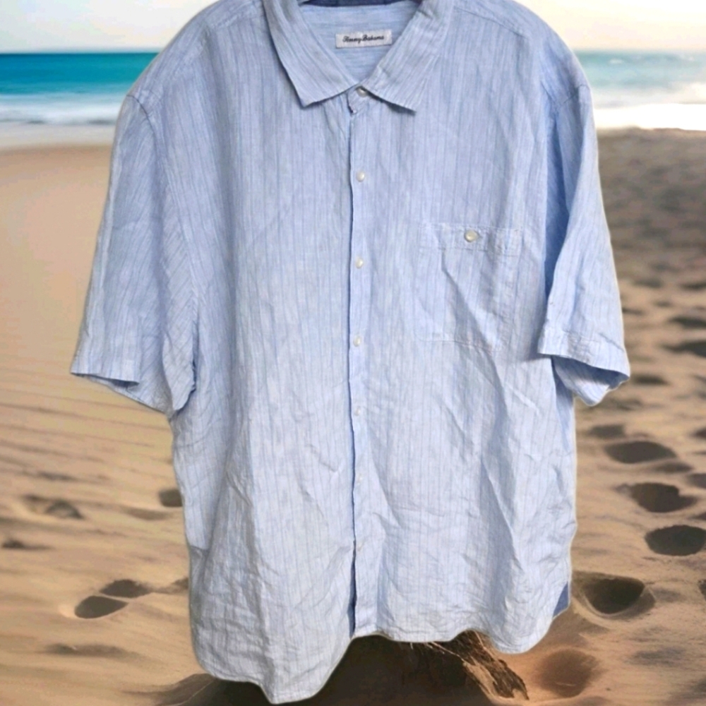 Tommy Bahama Men’s Shirt 2XL Linen Blend Short Sleeve Striped Blue Button Up